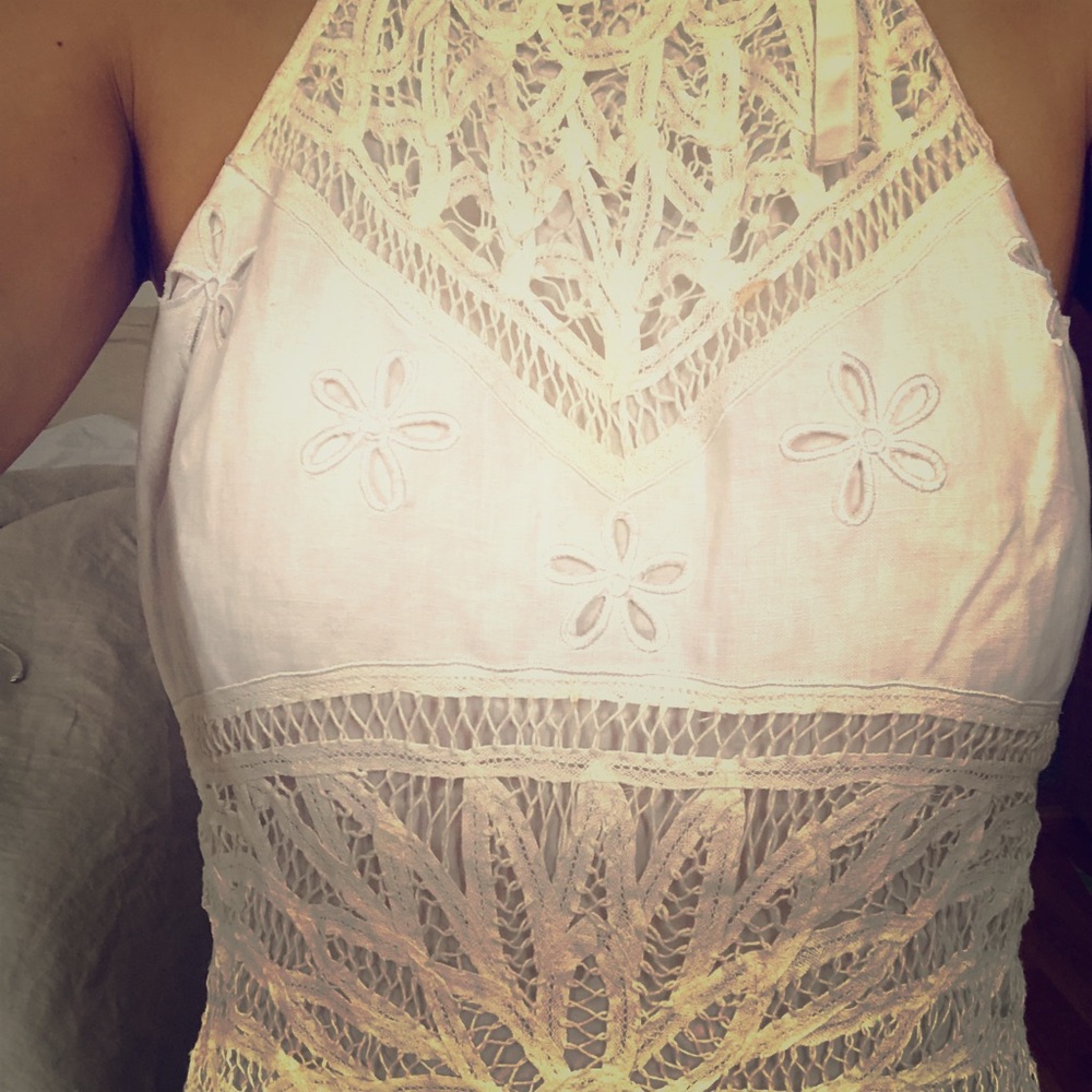 Sue Wong all-white linen summer dress.
